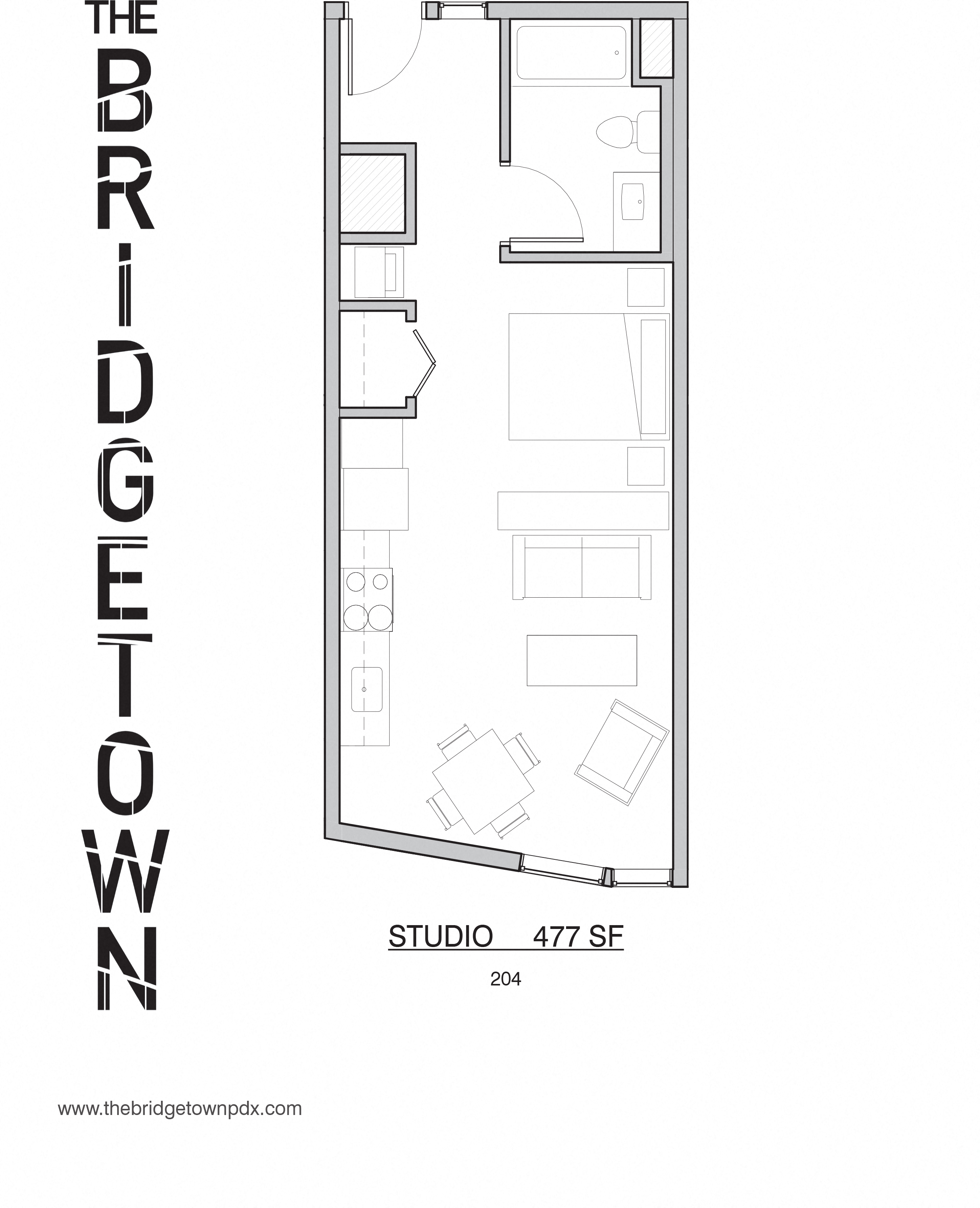 Floor plan for studio, 1 bath, 477 sqft
